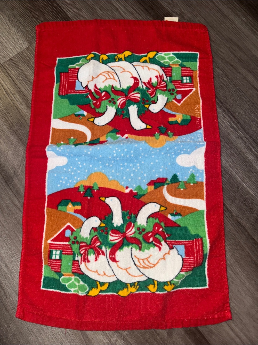 Vintage Christmas terry kitchen dish towel cottage core geese goose holiday